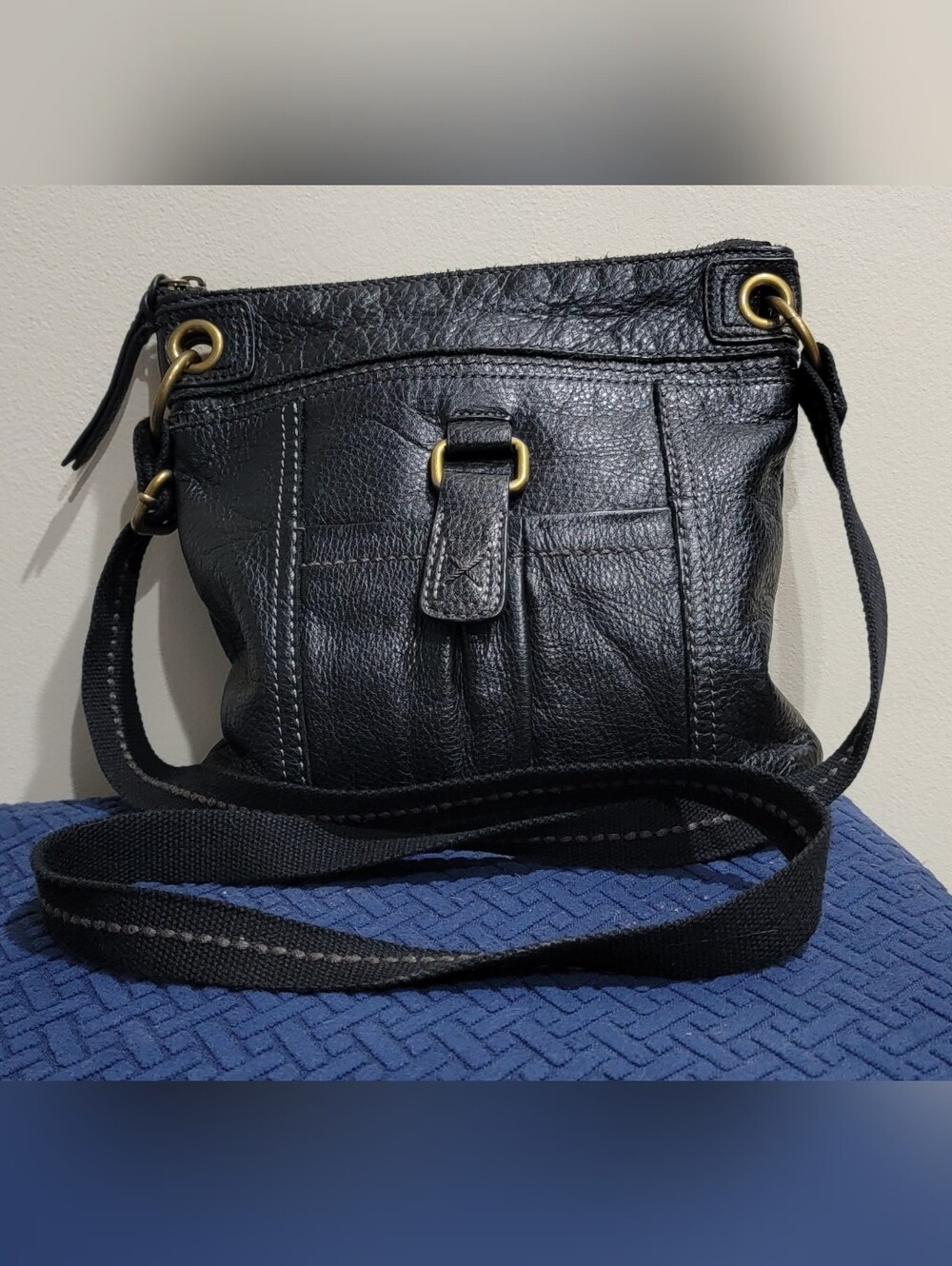 Black Leather Crossbody with Brass Ring Details